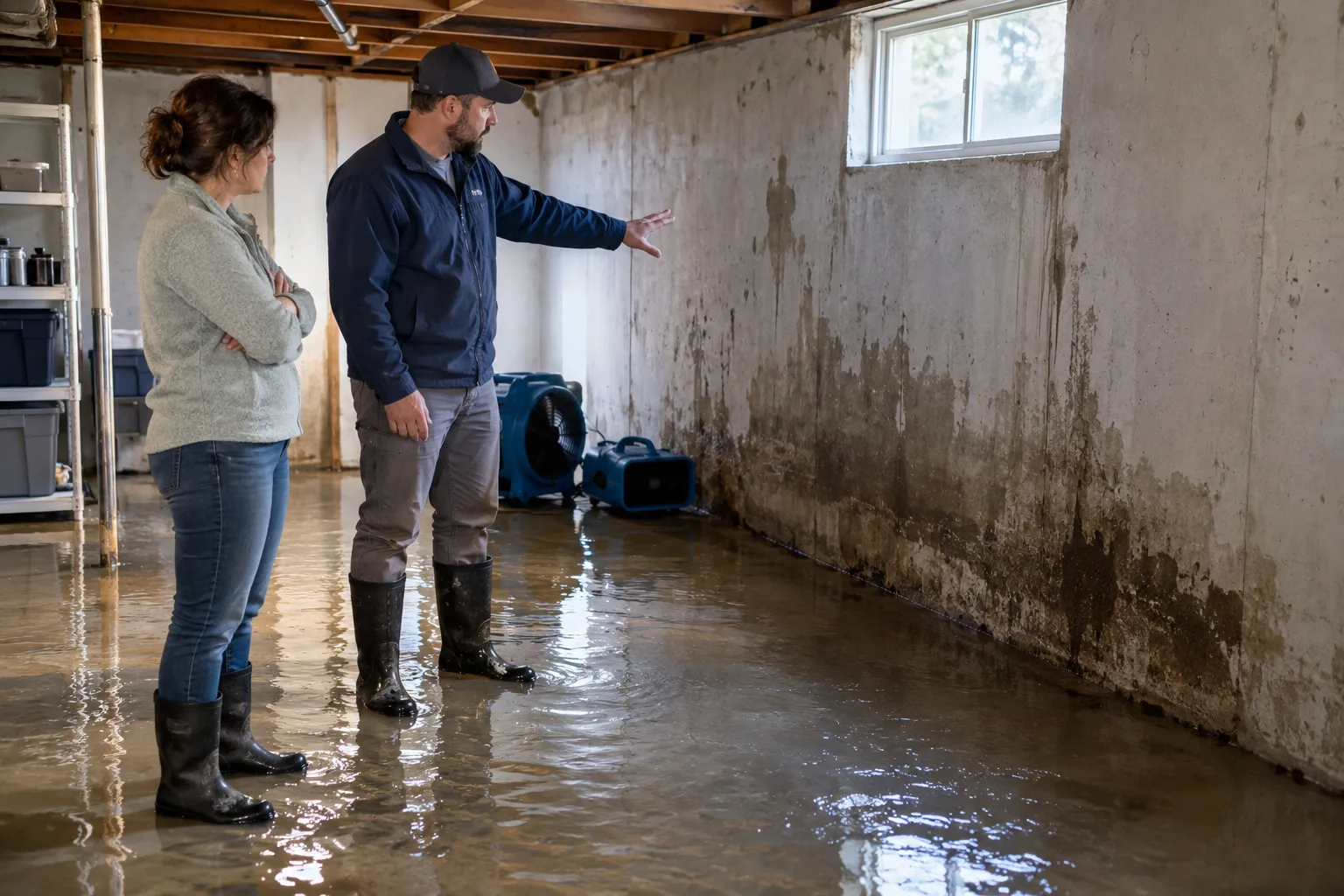 Water damage restoration technician drying a flooded living room in Minneapolis